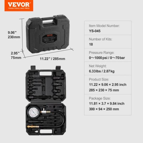 VEVOR diesel engine compression tester with case dimensions and kit details.