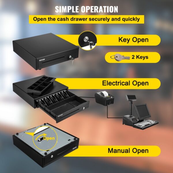 VEVOR cash register drawer showing key, electrical, and manual opening methods with keys and pos setup.