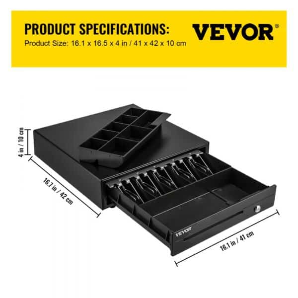 VEVOR cash register drawer, black with coin and bill compartments, dimensions: 16.1 x 16.5 x 4 in.