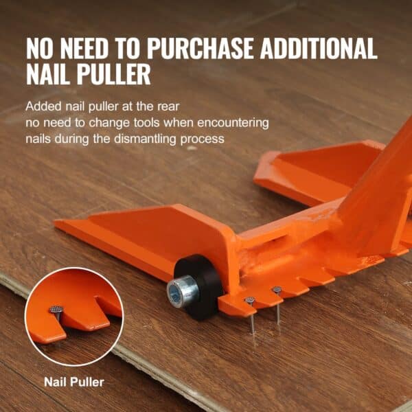 VEVOR demolition tool with built-in nail puller on wooden floor, removing nails efficiently.