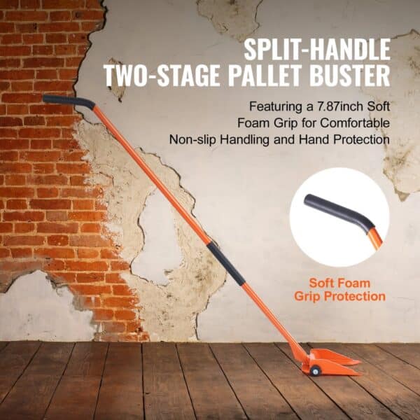 VEVOR demolition tool: split-handle pallet buster with non-slip foam grip protection against brick wall.