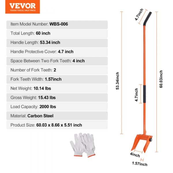 orange VEVOR demolition tool model wbs-006 with specs list and white gloves included.