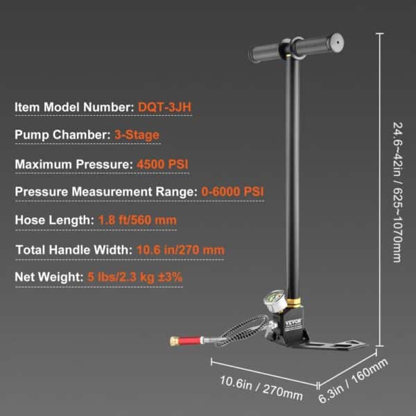 VEVOR high pressure hand pump, 4500 psi, 3-stage, 1.8ft hose, 5 lbs, item dqt-3jh.