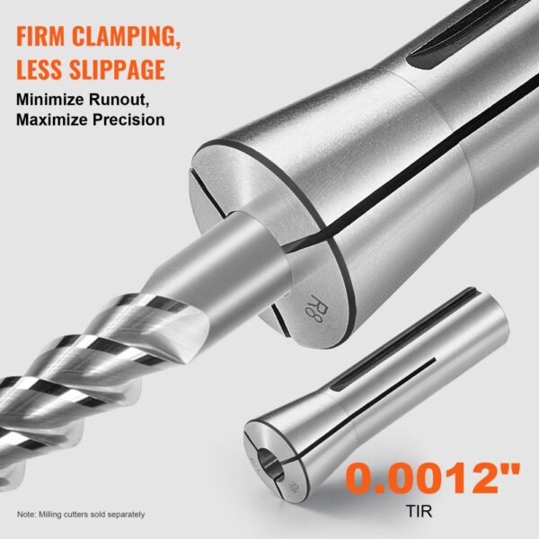 VEVOR r8 collet set with milling cutter, ensuring firm clamping, reduced slippage, and high precision.