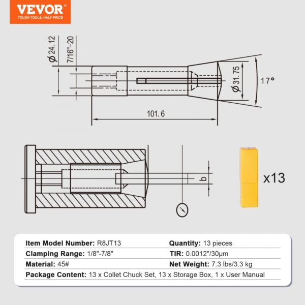 VEVOR r8 collet set with 13 pieces, clamping range 1/8"-7/8", material 45#, net weight 7.3 lbs.