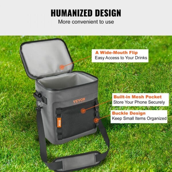 soft cooler bag with wide-mouth flip, built-in mesh pocket, and buckle design for easy storage.