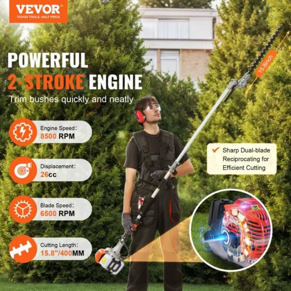 VEVOR 15.7-inch 26CC 2 Cycle Gas Hedge Trimmer Gas Powered Pole Hedge Trimmer