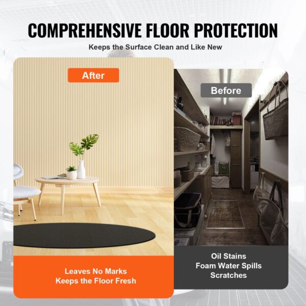 VEVOR hot tub mat offers comprehensive floor protection, leaving floors fresh and clean in the after comparison.