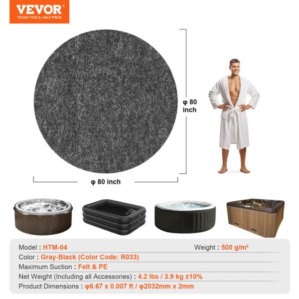 VEVOR hot tub mat in gray-black, 80-inch diameter, for various hot tub types, lightweight and durable.