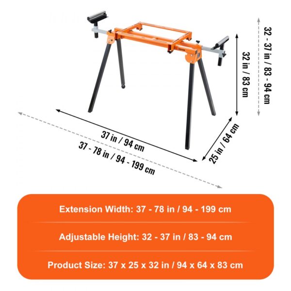 VEVOR miter saw stand dimensions with 37-78 in extension width and 32-37 in adjustable height.