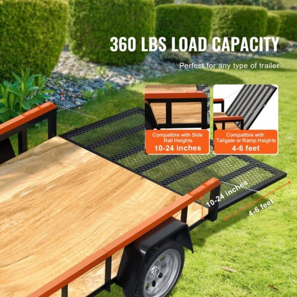 VEVOR trailer tailgate assist, 360 lbs load capacity, compatible with 10-24 inch rails, 4-6 feet ramps.