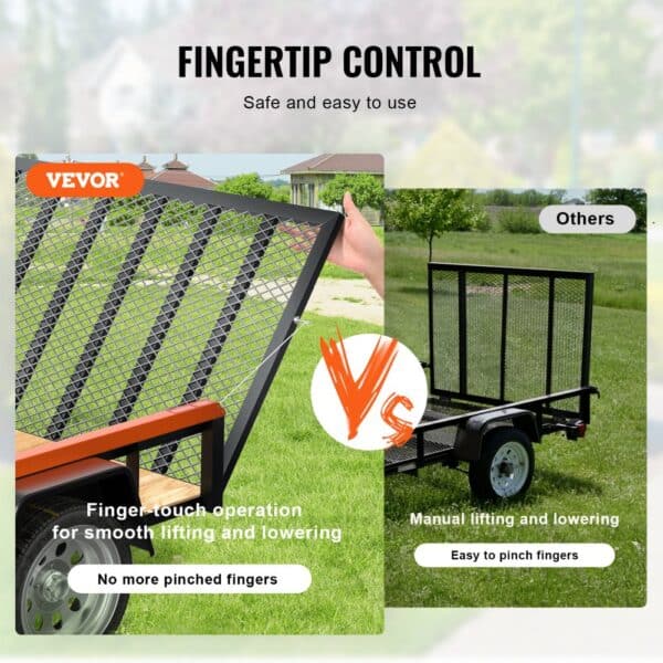 VEVOR trailer tailgate assist vs. others, highlighting easy fingertip control vs. manual operation.