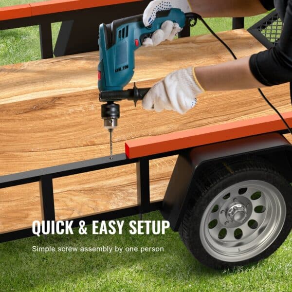 person using a drill to assemble a VEVOR trailer tailgate assist. quick & easy setup instructions visible.