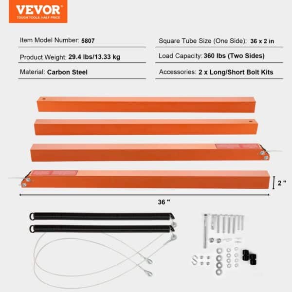 VEVOR trailer tailgate assist kit with orange square tubes, springs, wires, and bolt kits.