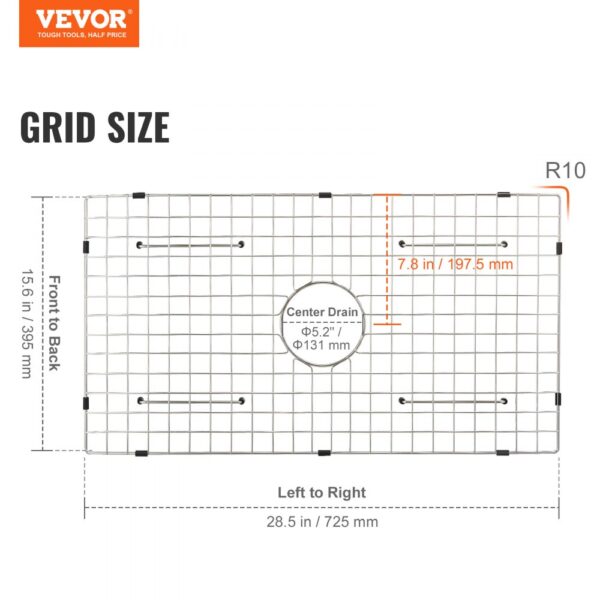 VEVOR sink protector grid, dimensions 28.5x15.6 inches, center drain 5.2 inches, r10 corner.