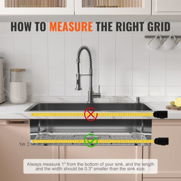 how to measure for the VEVOR sink protector grid with correct dimensions using a tape measure.