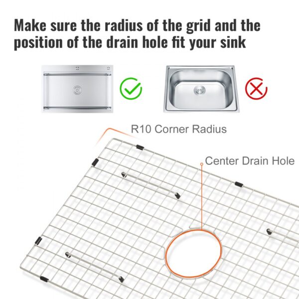 VEVOR sink protector grid with r10 corner radius and center drain hole fitting instructions.