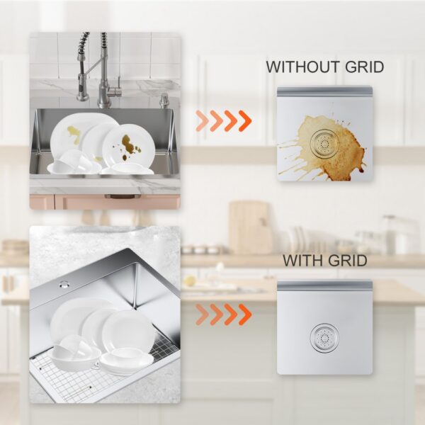 dirty dishes in a sink without VEVOR sink protector grid vs clean sink with the grid in a kitchen.