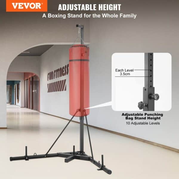 VEVOR punching bag stand with adjustable height in a modern fitness room.