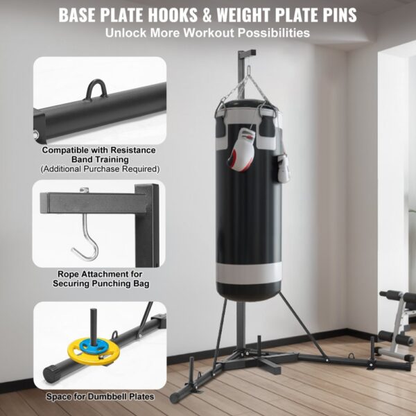 VEVOR punching bag stand with hooks for resistance bands, rope attachment, and space for dumbbell plates.