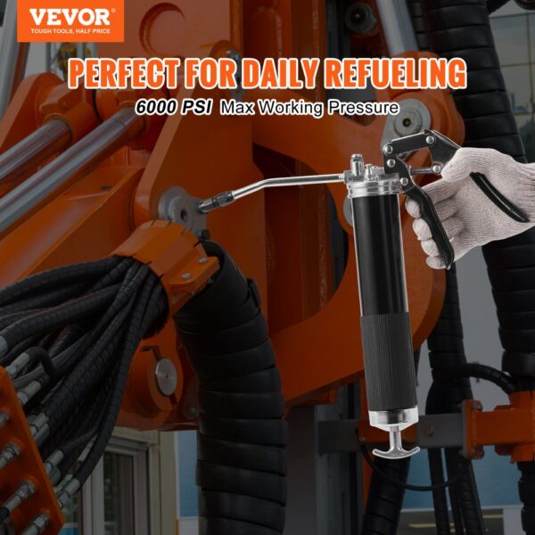 VEVOR pistol grip grease gun in use with hydraulic equipment, 6000 psi max working pressure.