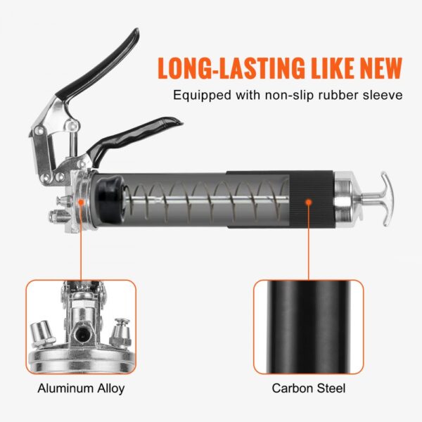 VEVOR pistol grip grease gun with aluminum alloy body, carbon steel barrel, and non-slip rubber sleeve.