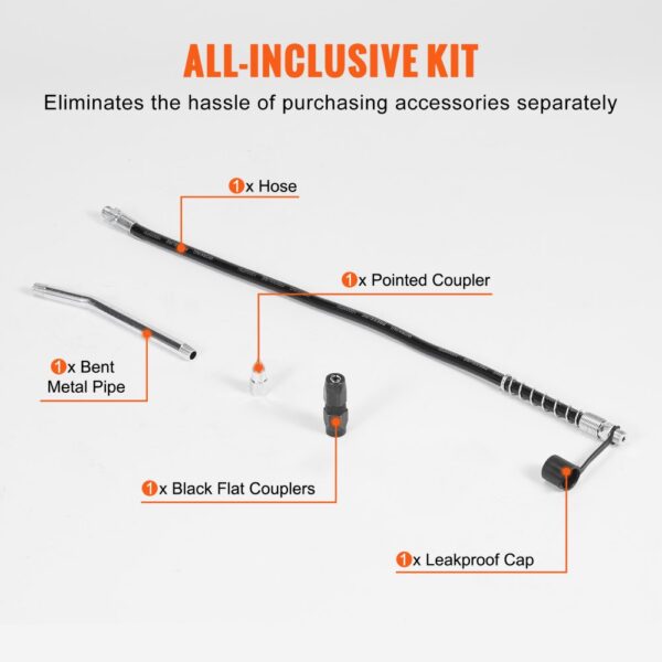 all-inclusive kit for VEVOR pistol grip grease gun with hose, couplers, metal pipe, and leakproof cap.
