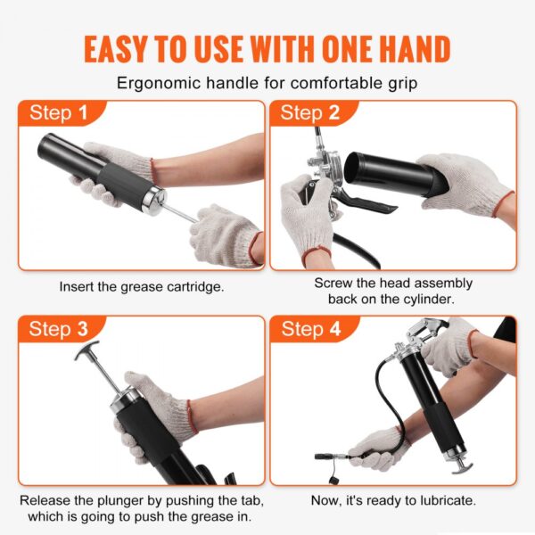 VEVOR pistol grip grease gun usage steps with ergonomic handle for easy one-hand operation.