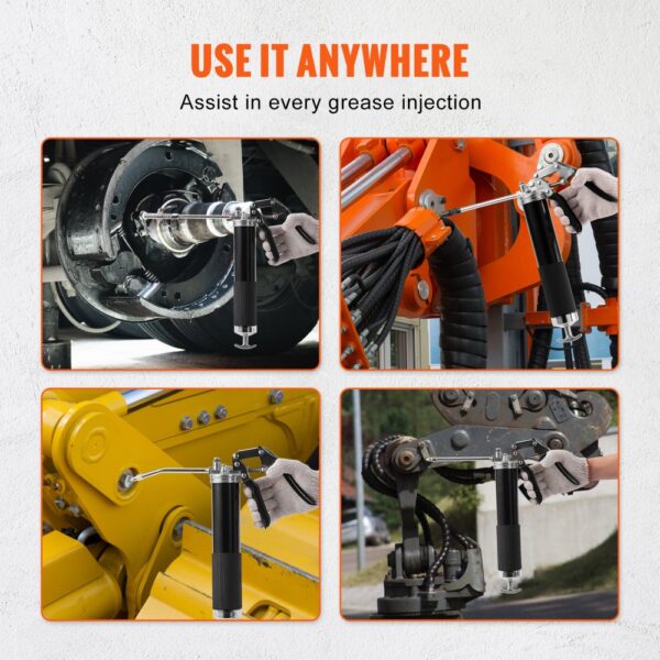 VEVOR pistol grip grease gun used on various machinery parts for grease injection.