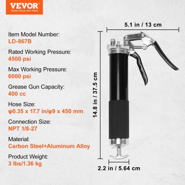 VEVOR pistol grip grease gun, ld-867b, 6000 psi, 400 cc capacity, carbon steel-aluminum, 3 lbs.