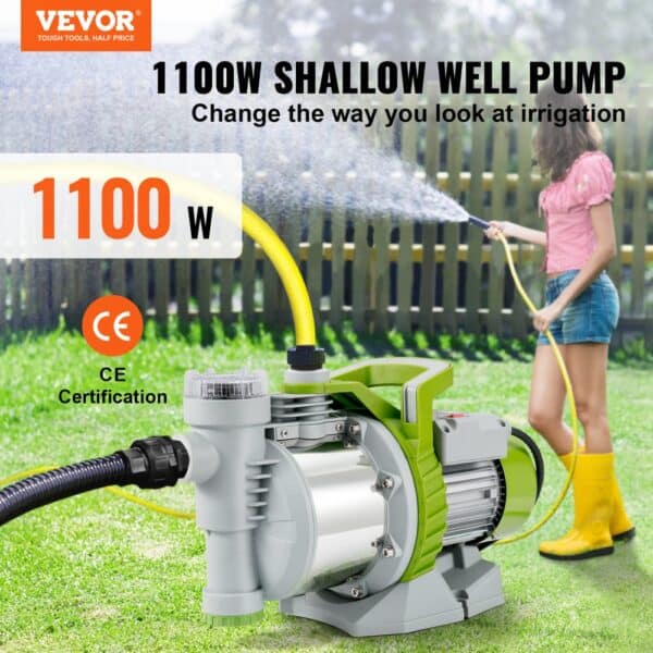 VEVOR Shallow Well Pump, 1100W 230V, 4560 L/h 45 m Head, Max 4.5 bar, Portable Stainless Steel Sprinkler Booster Jet Pumps w/ Prefilter for Garden Lawn Irrigation system, Lake Fountain, Water Transfer