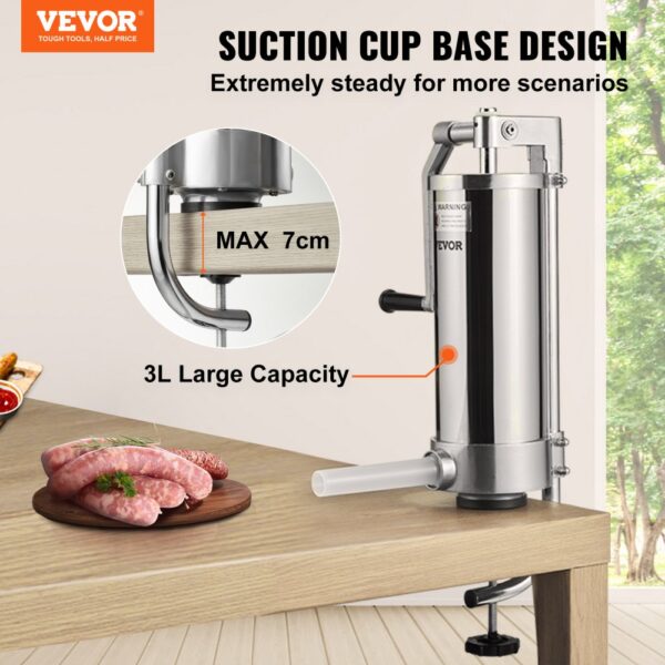 VEVOR Sausage Stuffer, 5LBS/3L Capacity, 304 Stainless Steel Vertical Sausage Stuffer, Sausage Filling Machine with 3 Stuffing Tubes, Suction Base and Manual Crank for Household or Commercial Use