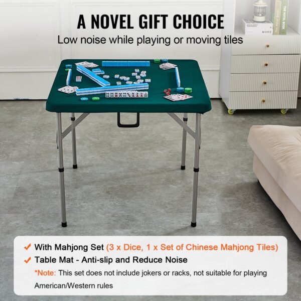 VEVOR mahjong table setup with green anti-slip mat, chinese mahjong tiles, and poker cards in a cozy room.