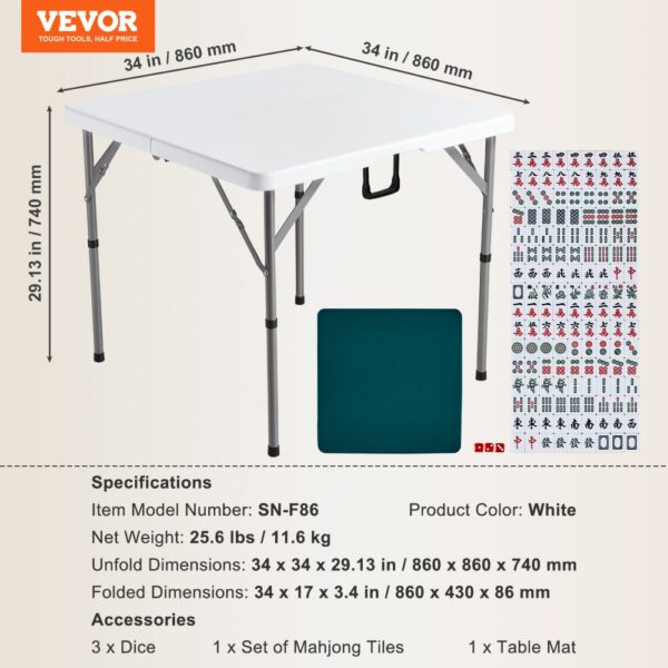 VEVOR mahjong table with foldable design, dimensions, included dice, mahjong tiles, and table mat.