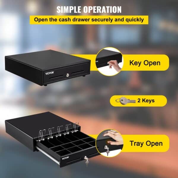 VEVOR cash register drawer with key open, tray open, and 2 keys for secure operation.