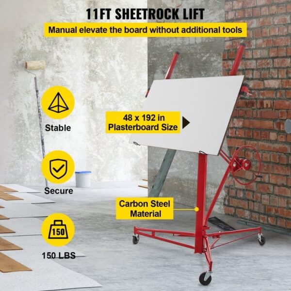 VEVOR drywall lift in red, holding plasterboard in a workshop, labeled "stable" and "secure", 150 lbs capacity