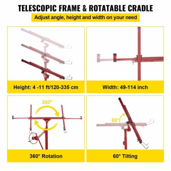 VEVOR drywall lift with telescopic frame, adjustable height 4-11 ft, width 49-114 inch, 360° rotation, 60° tilting.