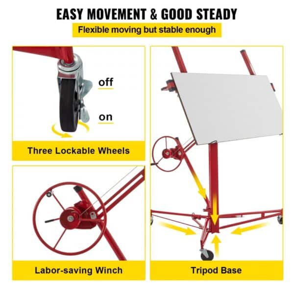 VEVOR drywall lift with three lockable wheels, labor-saving winch, and sturdy tripod base.