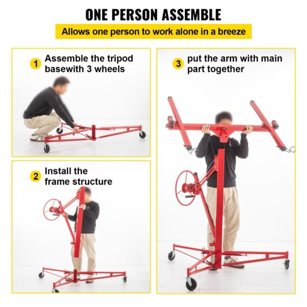 VEVOR drywall lift assembly steps: base with wheels, install frame structure, attach arm to main part.