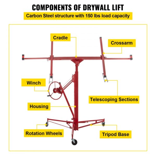 VEVOR drywall lift with cradle, winch, rotation wheels, telescoping sections, and tripod base.