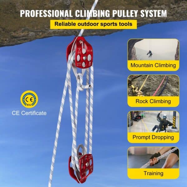 professional climbing pulley system for mountain climbing, rock climbing, and training.