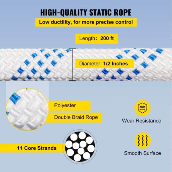 high-quality static rope, 200 ft long, 1/2 inches diameter, 11 core strands, polyester.