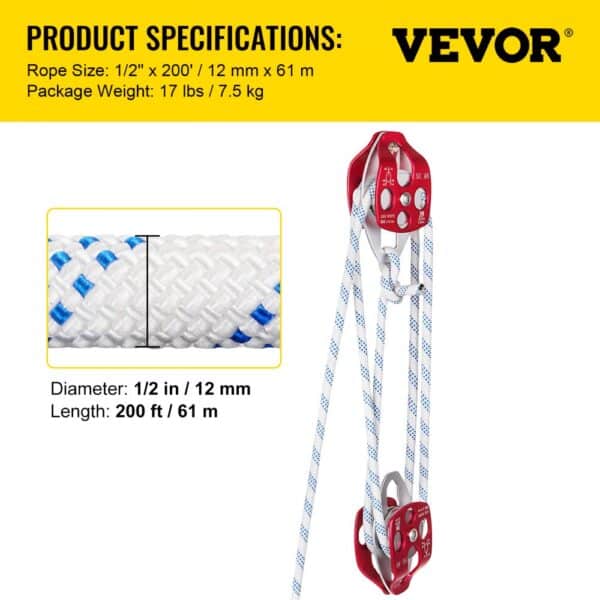 VEVOR twin sheave block and tackle with 1/2" rope, 200' length, 17 lbs weight.