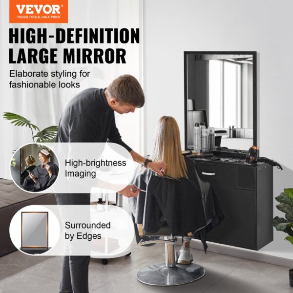 VEVOR salon organizer showcasing high-definition large mirror and high-brightness imaging in a salon.