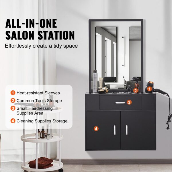 VEVOR salon organizer features a mirror, storage drawers, and compartments for salon tools and supplies.