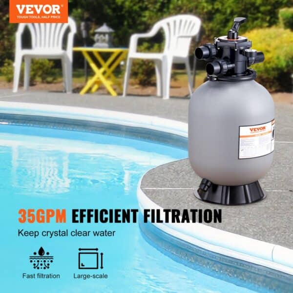 VEVOR sand filter system beside pool with chairs and table in the background, highlighting 35gpm filtration.