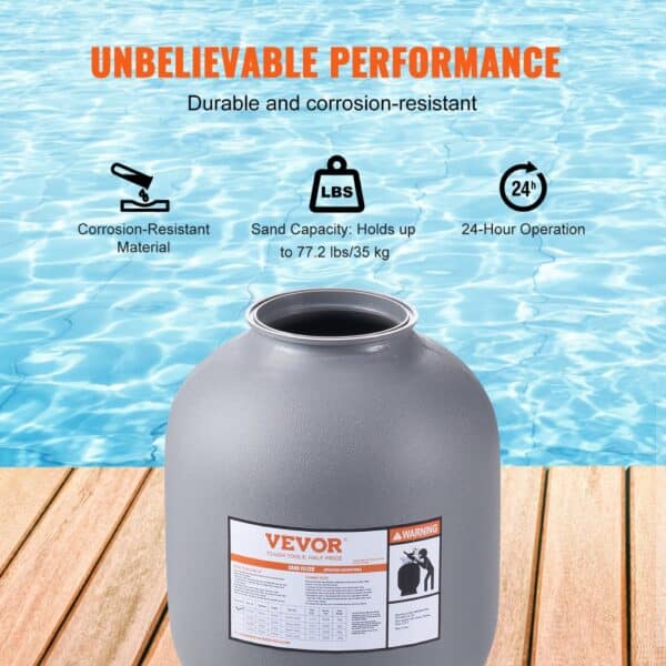 VEVOR sand filter system near a pool, highlighting its 77.2 lbs capacity and corrosion-resistant material.