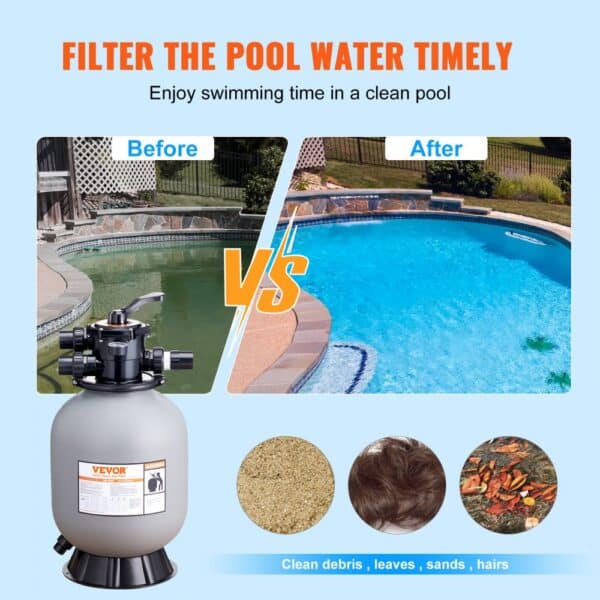 VEVOR sand filter system: transform a dirty pool into clean water; filters debris, leaves, sand, and hair.