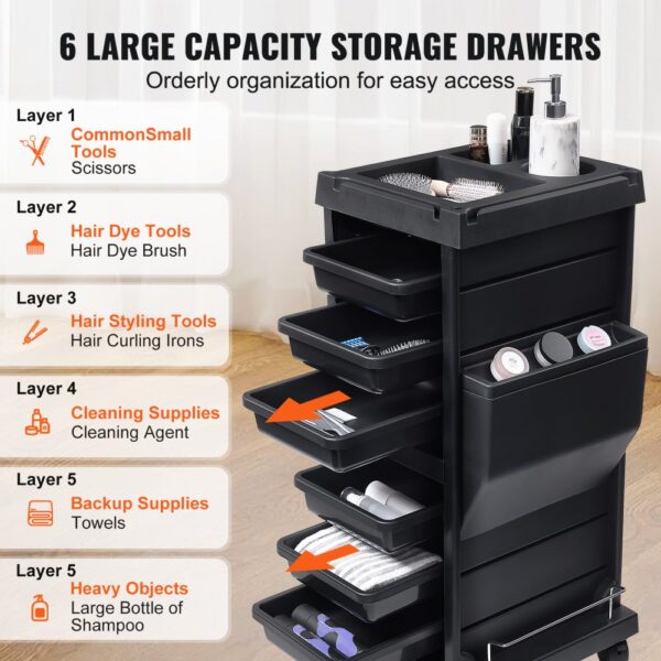 salon trolley cart with 6 large capacity storage drawers for easy access, including common toolas