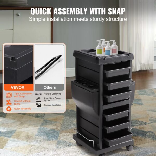 VEVOR salon trolley cart: quick assembly, black with multiple trays, bottle holders, smooth snap connections.